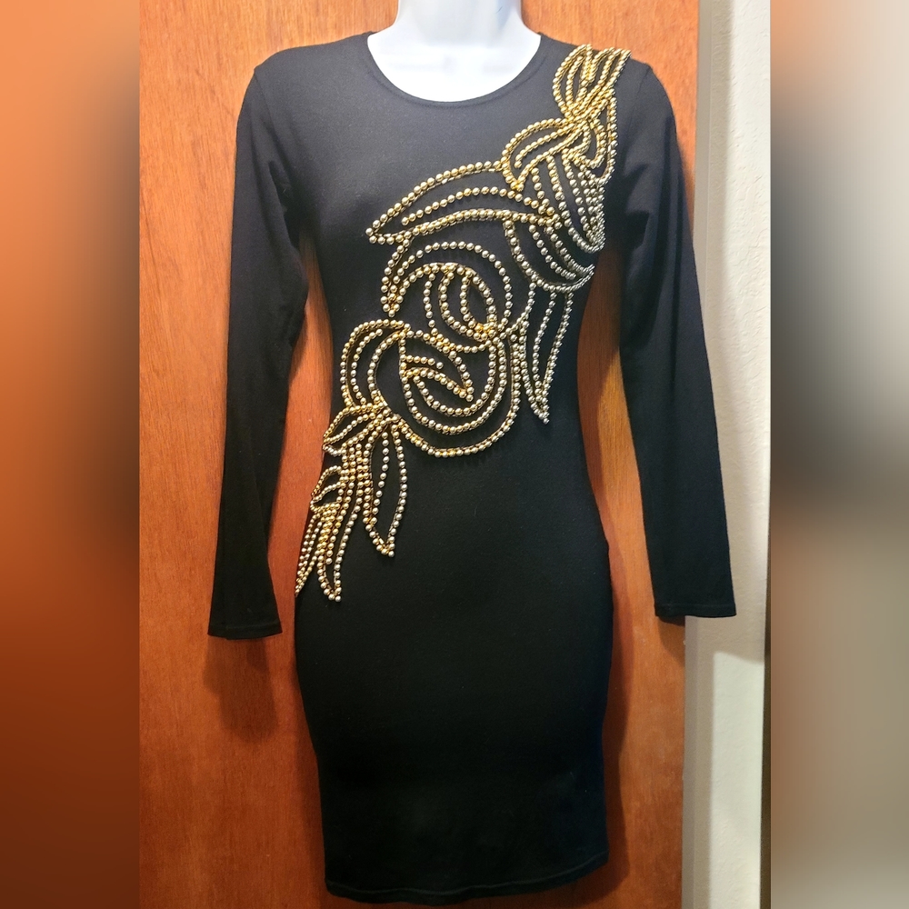 STUNNING lux stretchy black dress with gold beaded embroidery by Taris Stars szM